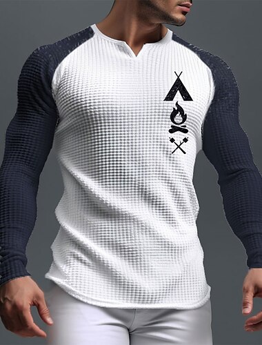  Hombre Graphic Fuego Camisa de gofres Camiseta Camiseta raglán Manga Larga Camiseta Impresión 3D Escote en Pico Camisa Deportes Diario Casual Deporte Festivos Noche Negro Blanco Azul Marino Primavera