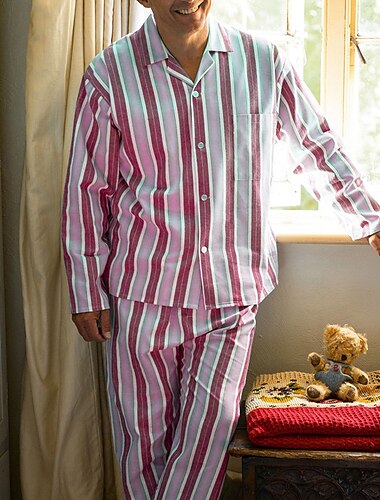  Herren Hausanzug Schlafanzüge Schlafanzug Set Pyjama-Oberteil und Hose 2 Stück Streifen Stilvoll Brautkleider schlicht Komfort Heim Täglich Baumwollmischung Komfort Kargen Langarm Hemd Hose Kordelzug