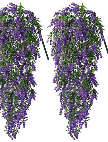  2 Stück künstliche Hängeblumen, künstlicher Lavendelstrauß, Hängepflanzen, künstliche Efeu-Weinblätter für Terrasse, Zuhause, Schlafzimmer, Hochzeit, Innen- und Außenwanddekoration, Heimdekoration, ästhetische Raumdekoration