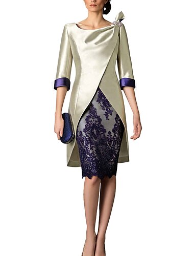  Vestido de Madre de la Novia en Dos Piezas Invitada de Boda Iglesia Vintage Talla Plus Cuello en V Largo hasta la Rodilla Satén Chaqueta de Encaje Vestidos con Bloque de Color Vestido para el Día de