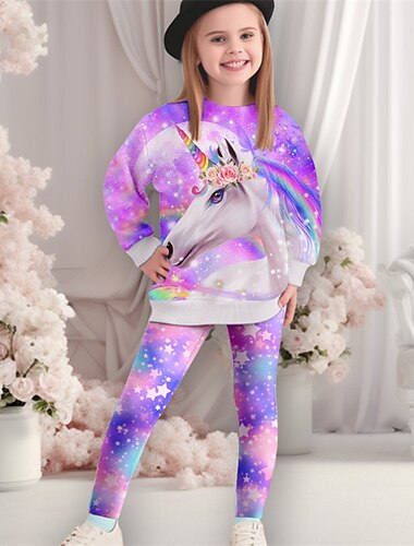  Girls' 3D Unicorn Sweatshirt & Legging Set Set Pink Long Sleeve 3D Print Fall Winter Active Fashion Daily Kids 3-12 Years Crew Neck Outdoor Vacation Date Regular Fit