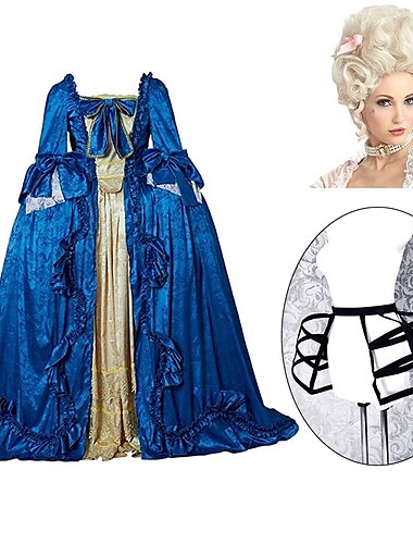  Set mit Rokoko-Ballkleid, blondem Barock-Perücke, Petticoat, Reifrock, Reifrock, 3-teiliges Outfit, Retro-Vintage-Stil, viktorianisch, Renaissance, Prinzessin, Kolonialstil, Ballkleid, Damen,