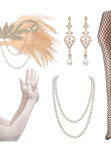  Retro Vintage Goldene Zwanziger 1920er Flapper-Stirnband Lange Handschuhe Zubehörset Der große Gatsby Hochzeitsgast Feder Damen Karneval Neujahr Maskerade Party / Abend Hochzeitsempfang