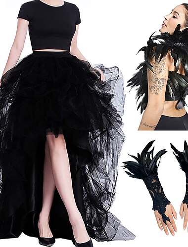  set met tule tutu rok veer cape kanten handschoenen 3 stuks dames hoge taille hoog laag gelaagde tule vloerlengte rok veren sjaals outfits maleficent kostuum punk gothic halloween party carnaval