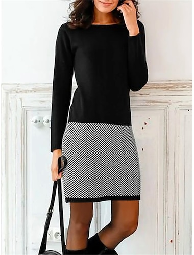  Vestido Mini de Mujer Vestido Sudadera Vestido Casual Moda Activa Exterior Salida Fin de Semana Escote Redondo Impresión Geométrica Color Block Corte Suelto Negro Marrón Verde S M L XL XXL