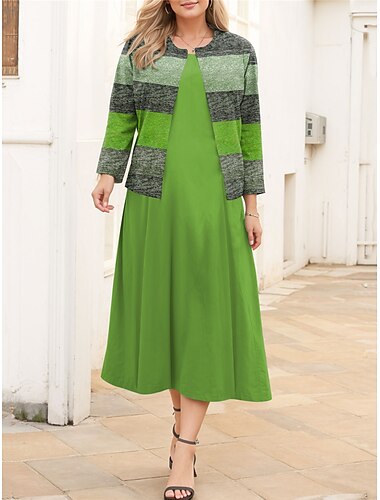  Damen Übergröße Kurve Casual kleid Kleid-Set Zweiteiliges Kleid Streifen Midikleid Langarm Bedruckt Rundhalsausschnitt Modisch Outdoor Blau Braun Herbst Winter L XL XXL 3XL 4XL