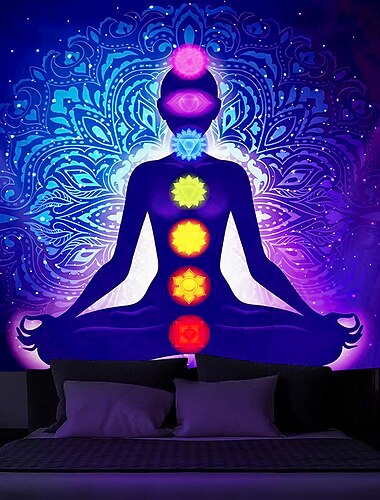  Schwarzlicht Wandteppich UV reaktiv im Dunkeln leuchtend Party Neon Boho Meditation Psychedelisch Buddha Chakra Trippy Misty Hängeteppich Wandbild Wandbild für Wohnzimmer Schlafzimmer