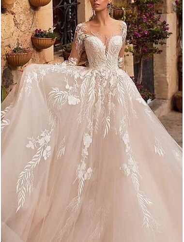  Előírásos Esküvői ruhák A-vonalú V-alakú Hosszú ujj Udvariuszály Tüll Menyasszonyi ruhák Val vel Rakott Rátétek 2024