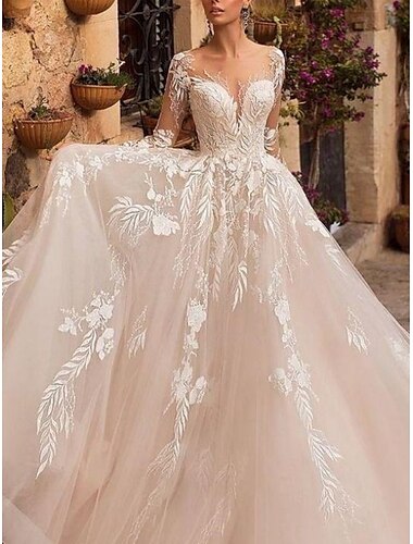  Grande occasion Robes de mariée Trapèze Col V manche longue Traîne Tribunal Tulle Robes de mariée Avec Plissé Appliques 2024