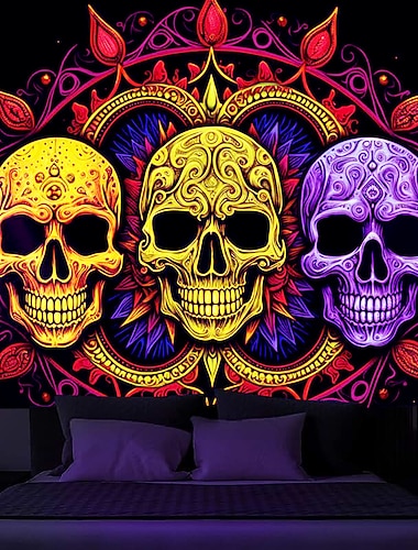  Halloween Blacklight Tapestry UV Reactive Glow in the Dark Glow Party Neon Skulls Totem Psychedelic Trippy Misty Hanging Tapestry Wall Art Mural for Living Room Bedroom