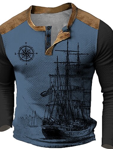 Herren Schiff Nautisch Kompass Henley Shirt Waffel-T-Shirt Langarm 3D-Druck Designer Retro Vintage Brautkleider schlicht Sports Outdoor Festtage Festival Frühling & Herbst Leicht Braun Blau Braun