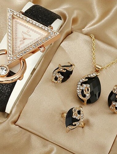  مجموعة من 5 قطع ساعة نسائية كواتز فاخرة بتصميم مثلث مع مؤشر ساعة أنالوج لامعة مزينة بالكريستال طقم مجوهرات، هدية لعيد الأم للأم