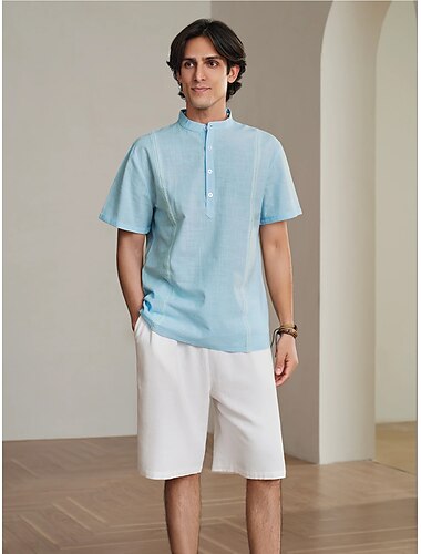  10% linnen Voor heren Overhemd Guayabera-shirt linnen overhemd Popover-shirt Zomer overhemd Strand hemd Zwart Wit Blozend Roze Korte mouw Effen Kraag Zomer Casual Dagelijks Kleding