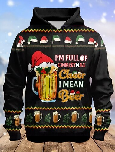 jul menns julescene 3d hettegensere grafikk oktoberfest øl mote 3d print sport utendørs ferie hettegensere svart lange ermet hettetrykk frontlomme vår &amp;  høst designer skjorte