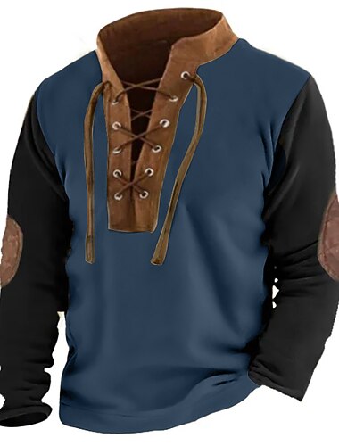  Herren T Shirt T-Shirt Langarmshirt Langarm Stehkragen Frühling & Herbst Farbblock Mode Designer Basic Schnürung Patchwork Urlaub Straße Ausgehen Schwarz Blau Kaki Top T-Shirt für Herren