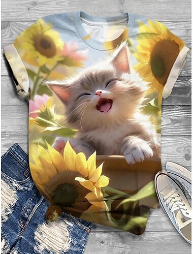  Damen T-Shirt modischer Katzen-Print Kurzarm normale Oberteile Rundhalsausschnitt Alltag Wochenende Weiß Gelb Marineblau Orange Sommer