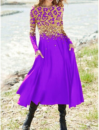  Damen Midi Kleid A-Linie Kleid Lässiges Kleid Winter Kleid Swing Kleid Mode Streetwear Reif Formal Outdoor Urlaub Regelmäßige Passform Leopard Lange Ärmel Rundhalsausschnitt Schwarz Pink Rot Lila