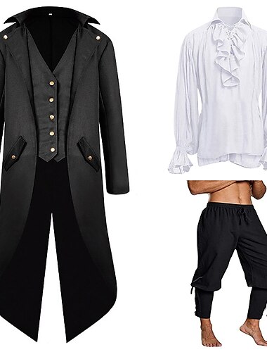  Sets mit Smoking, Frack, Rüschenhemd, Piratenhose, 3-teilig, mittelalterliche Renaissance, 18. und 17. Jahrhundert, Wikinger-Piraten-Outfits, Herren-Performance, Bühne, Karneval, Cosplay-Kostüm