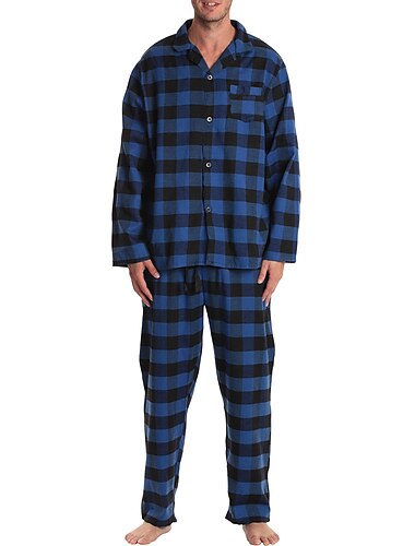  Herren Hausanzug Schlafanzüge Schlafanzug Set Pyjama-Oberteil und Hose 2 Stück Plaid Stilvoll Brautkleider schlicht Komfort Heim Täglich Bett Baumwollmischung Komfort Weich Kargen Langarm Hemd Hose
