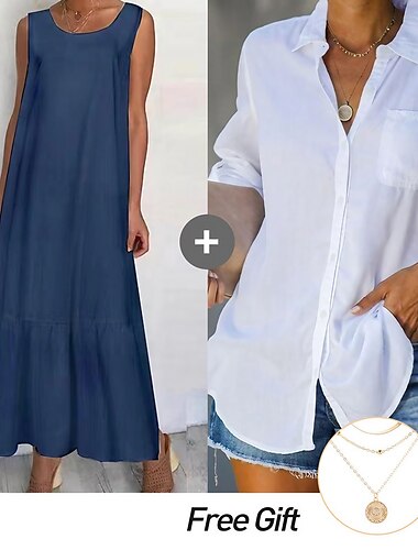  Damen Weißes Kleid Casual kleid Baumwoll-Leinenkleid Maxikleid Rüsche Basic Klassisch Täglich Urlaub Rundhalsausschnitt Ärmellos Sommer Frühling Schwarz Weiß Glatt