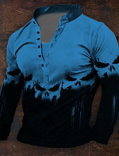  Camisa Henley Gráfica de Caveiras Viking Masculina Halloween de Manga Longa Impressão 3D Diário Retro Vintage Casual Férias Saindo Festival Primavera e Outono Branca Azul Laranja Verde Henley