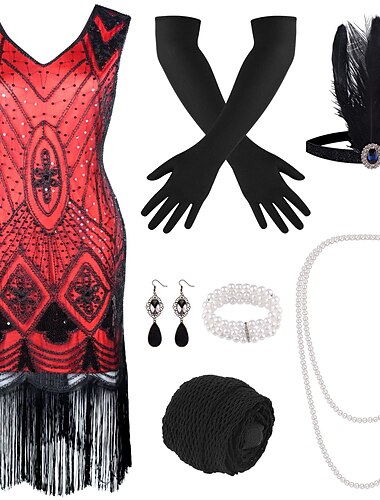 Retro Vintage Roaring 20s 1920s Flapper Dress Outfits Accessories Set The Great Gatsby Wedding Guest Sequins Tassel Fringe Sequin Tassel V Neck Women's Halloween Carnival Masquerade Carnival Party