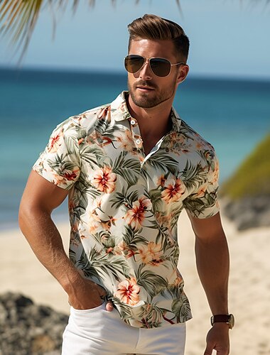  ケンタッキーダービー 男性用 フラワー ハワイアンポロシャツ ゴルフシャツ 半袖 ポロシャツ 襟付きシャツ カジュアル ビーチウェア バケーションウェア トロピカルウェア パーティー衣装 ボタン 3Dプリント 秋 ホワイト