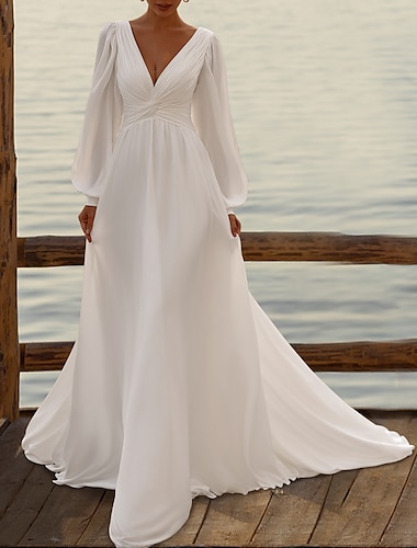  Simple Wedding Dresses Wedding Dresses A-Line Camisole Sleeveless Tea Length Chiffon Bridal Gowns With Pleats Solid Color 2024