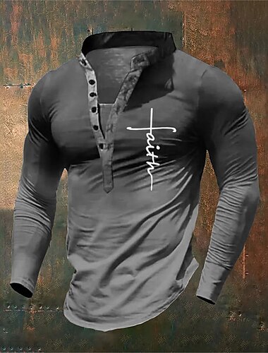  Herren Grafik Farbblock Glaube Henley Hemd Langarm 3D-Druck Täglich Retro Vintage Lässig Ferien Ausgehen Festival Frühling & Herbst Blau Grün Khaki Grau Henley Henley T-Shirt