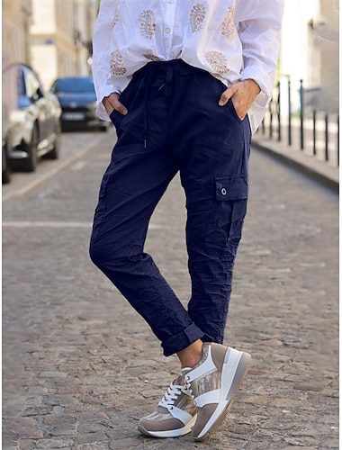  Damen Cargohose Cargohosen Hosen Hose Mittlere Taillenlinie In voller Länge Grau Herbst