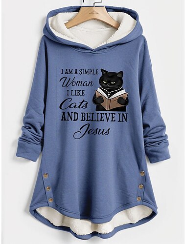  Damen Kapuzenpullover Sweatshirt Pullover Sherpa Fleece gefüttert Katzenbuchstaben Casual Sport Knopfdruck Vordertasche Warmer flauschiger Kapuzenpullover Langarmshirt Mikroelastisch