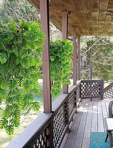  Enredaderas colgantes artificiales, hojas de monstera falsas, plantas de hojas de la selva, hojas tropicales de ratán para plantas de interior, hogar, cocina, jardín, pared exterior, decoración de bodas