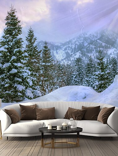  Tapiz colgante de paisaje con vista de ventana de nieve, arte de pared de montaña, tapiz grande, decoración mural, fotografía, telón de fondo, manta, cortina, hogar, dormitorio, sala de estar