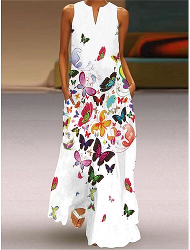  Dames Lange jurk maxi-jurk Casual jurk Swingjurk Tank-jurk Jurk met print Modieus Modern Volwassen Buiten Vakantie Dagelijks Normale pasvorm Bloemig Vlinder Geschilderd Mouwloos Gespleten nek Zwart
