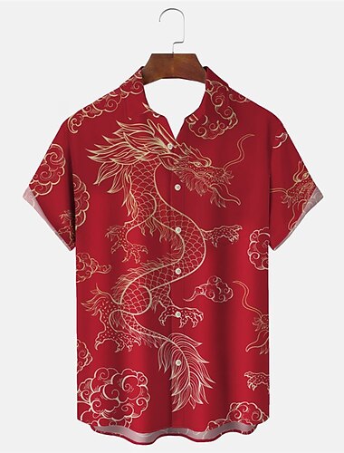  Nieuwjaar Voor heren Draak Overhemd Overhemd met knopen Korte mouw Casual Alledaagse kleding Uitgaan Weekend Herfst Strijkijzer Afdrukken Button-omlaag Geel Rood Bordeaux