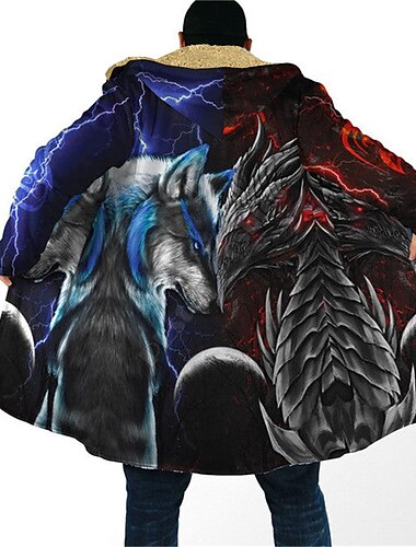  Ανδρικά Λύκος Χειμερινό παλτό Μπουφάν fleece Παλτό Διατηρείτε Ζεστό Αφηρημένο Καθημερινά Ρούχα Εξόδου Τσέπη Στάμπα Φθινόπωρο & Χειμώνας Με Κουκούλα Μακρυμάνικο Θαλασσί