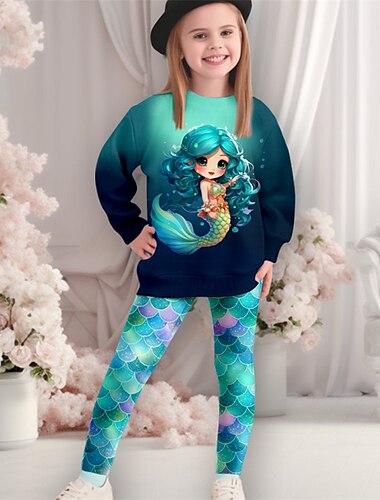  Da ragazza 3D Sirena Set felpa e leggings Rosa Manica lunga Stampa 3D Autunno Inverno Attivo Di tendenza Giornaliero Bambino 3-12 anni Girocollo Esterno Da mare Appuntamento Standard
