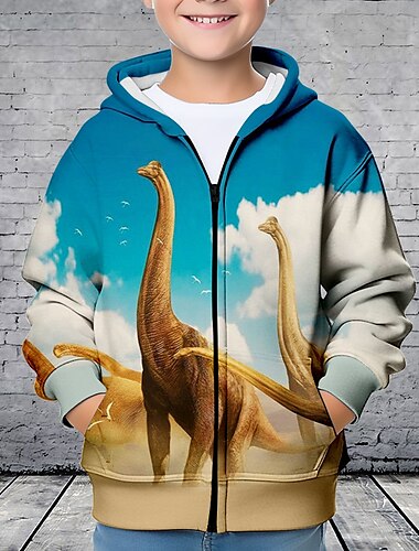  Para Meninos 3D Dinossauro Moletom Casaco Casacos Manga Longa Impressão 3D Outono Inverno Moda Roupa de rua Legal Infantil 3-12 anos Ao ar livre Casual Diário Normal
