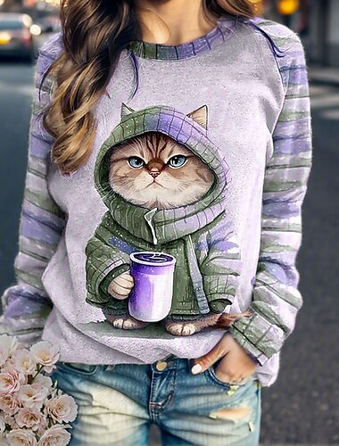  Damen Sweatshirt Pullover Katze Casual Sports Active Sportswear Lustiges Rundhals Langarmshirt Mikroelastisch Herbst&amp;Winterkomfort, atmungsaktives, weiches Gewebe