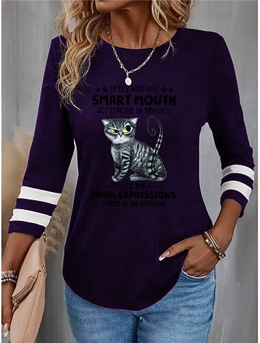  Dámské tričko s dlouhým rukávem kulatým výstřihem tunika kočka písmeno vtipné běžné topy každodenní víkendový potisk černá červená modrá fialová zelená jaro a podzim