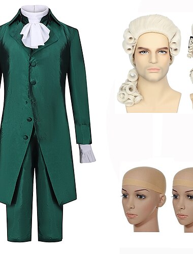  Set mit Hemd, Weste, Trenchcoat, Hose, Kolonial-Perücke, 2 Perückenkappen, viktorianisches Herren-Outfit, Alexander Hamilton, Retro-Vintage-Rokoko, 17. Jahrhundert, Cosplay-Kostüm,
