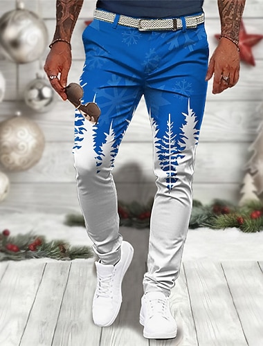  Pantalon imprimé sapin de Noël pour homme, tenue d'affaires décontractée, imprimé 3D, tenue d'extérieur, tenue de tous les jours, streetwear, polyester, vin, bleu, orange, S, M, taille moyenne,