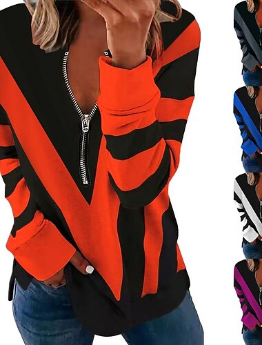  Felpa con zip da donna pullover a blocchi di colore astratti casual con zip moda streetwear basic scollo a V maniche lunghe primavera e autunno autunno e inverno confortevole tessuto traspirante