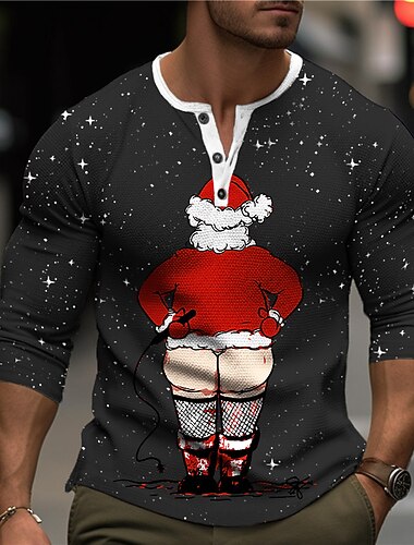  karácsony férfi vicces karácsonyi Henley póló grafikus mikulás vicces divattervező alkalmi 3d print Henley gofri sport szabadtéri ünnep fesztivál fekete / fehér fekete piros hosszú ujjú Henley