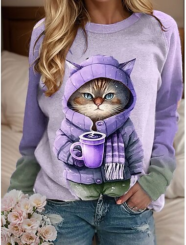  Damen Sweatshirt Pullover Katze Casual Sports Active Sportswear Rundhals Langarm Top Mikroelastisch Herbst&amp;Winterkomfort, atmungsaktives, weiches Gewebe