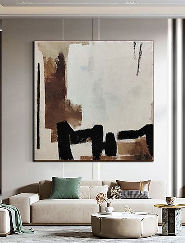  Handgefertigtes 3D-Textur-Kunst-Ölgemälde, handgemaltes Ölgemälde, beige, groß, beige, braun, schwarz, minimalistisches Gemälde, geometrisches Gipsgemälde, Heimdekoration, fertig zum Aufhängen oder