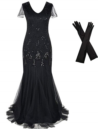 Retro Vintage Roaring 20s 1920s Flapper Dress Outfits Accessories Set The Great Gatsby Wedding Guest Sequins Sequin V Neck Women's Halloween Carnival Masquerade Carnival Party / Evening Party