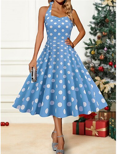  Mujer Vestido Midi Vestido de invierno Vestido de una línea Vestido de lunares Vestido de cuello halter Moda Ropa de calle Moderno Exterior Fiesta Cita Ajuste regular A Lunares Sin Mangas Cuello