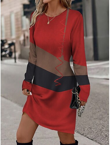 Dame Sweatshirt kjole Hverdagskjole Mini kjole Aktiv Mode udendørs I-byen-tøj Weekend Rund hals Trykt mønster Geometrisk Farveblok Løstsiddende Rød Blå Orange S M L XL XXL