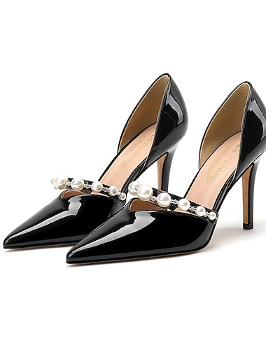  dames witte lakleren puntige stilettohakken met parelbandje – elegante gala-, feest- en trouwschoenen